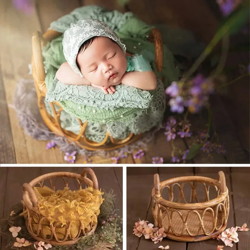Retro Woven Round Handle Baske - Photography Background ulasan dan harga